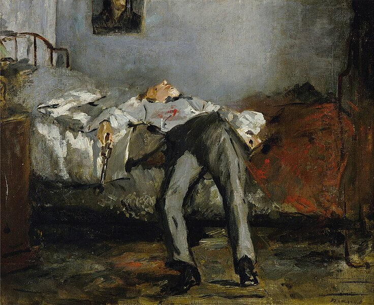 a man sprawled on their back over a bed with a self inflicted gunshot wound to the chest, impressionist art-piece by manet