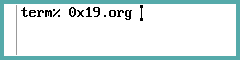 static image written in an old text editor reading: term% 0x19.org. black on white. cyan border