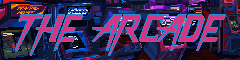 animated gif with retropunk text outlined in blue filled with pink spelling: the arcade. background is a flashing arcade with lit up screens