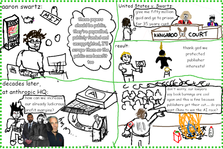 COMIC: PANEL 1 - Aaron Swartz at MIT computer saying "these papers should be public, they're paywalled, publicly funded and uncopyrighted, I'll scrape them so the public can benefit too". PANEL 2: Aaron in court, US Vs Swartz. PANEL 3: Aaron's suicide, apathetic copyright warrior says "thank god we protected publisher interests!". PANEL 4: anthropic HQ, some guy says "how can we increase our already ludicrous profit margins?". money printer in background is being fed directly to shredder. PANEL 5: Anthropic CEO on stage saying "don't worry, our lawyers say book burnings are cool again and this is fine because publishers get their cut.... do you want China to win the AI race?"